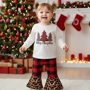 Girls' Merry Christmas Trees Leopard & Buffalo Plaid Bell Bottom Set